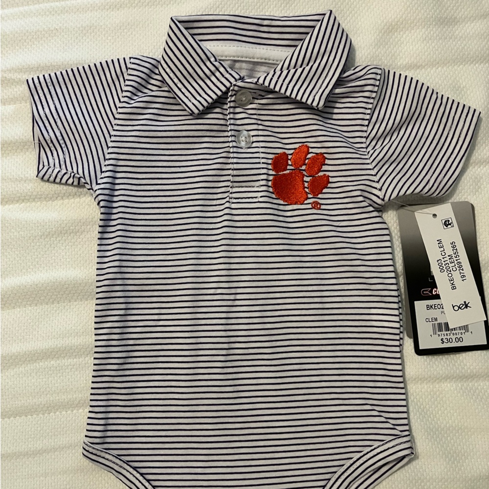 0-3 month Clemson Tigers polo onesie purple and orange paw